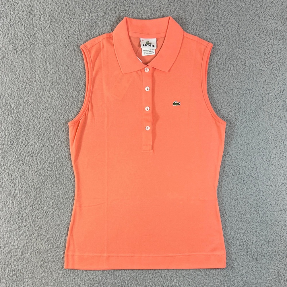 Lacoste Sleeveless Polo Women US Size M (EU/6) Orange Micro Pique Stretch Top